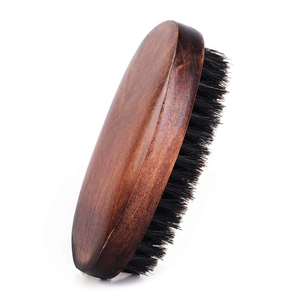Professional curved wooden beard brush with black boar bristles for men's grooming