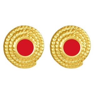 Boucles d'oreilles rondes vintage plaquées or 18K avec émail rouge et texture corde