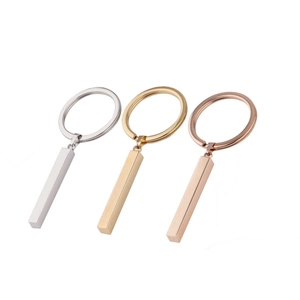 Three-color stainless steel bar keychains in silver, gold, and rose gold finishes