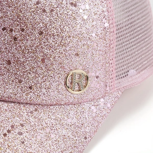 Pink sequin baseball cap with shiny R logo and breathable mesh back in high fashion style