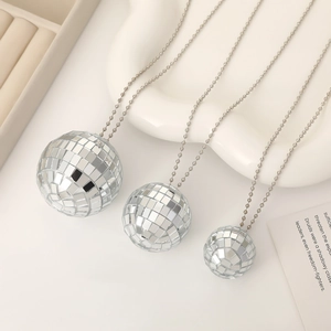 Punk style disco ball necklace set with mirror pendants in small, medium, and large sizes