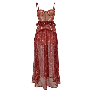 Luxury burgundy beaded party dress with sequins, spaghetti straps and waist ruffles