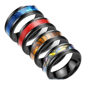 Men's black titanium steel rings with colorful shell and gemstone inlays set of five