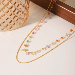 Double layer 18K gold plated stainless steel necklace with colorful natural gravel stones