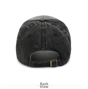 Back view of a black washed denim baseball cap with an adjustable bronze metal buckle