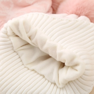 Winter white ribbed knit hat with pink pom pom and warm fleece lining for kids