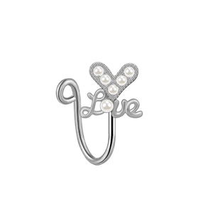 Detailed close-up of a silver nose ring featuring a pearl heart and Love lettering