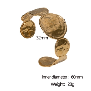 Detail view of 18k gold plated stainless steel wide hammered cuff with size specifications