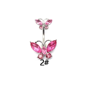 Silver belly button ring with pink crystal butterflies and zircon on white background