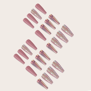 Long coffin fake nails in matte rose pink, holographic mirror, and glitter finishes