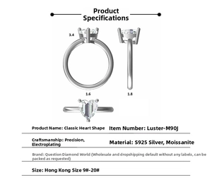 Technical drawing showing S925 silver heart moissanite ring dimensions and size specifications