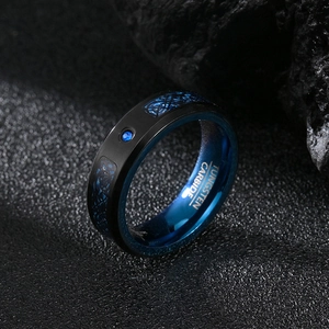 Men's black tungsten carbide ring with blue carbon fiber inlay and zircon stone