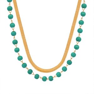 Double-layered gold flat snake chain necklace with turquoise beads in elegant style