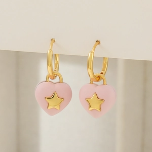 Pink heart drop earrings with gold stars and brass hoops for a sweet feminine style