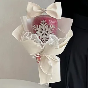 Christmas Apple Gift Bouquet with Red Mesh Silver Snowflakes and White Bow Decoration