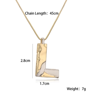 Detail showing two-tone letter L pendant dimensions 2.8x1.7cm on 45cm gold chain