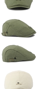 Close-up of olive green and beige linen flat cap with vintage bronze metal buckle