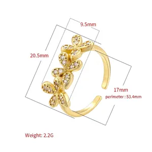 Luxury brass triple butterfly open ring with sparkling white cubic zirconia pave