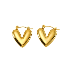 Polished 18K gold plated stainless steel hollow heart-shaped hoop earrings on white background