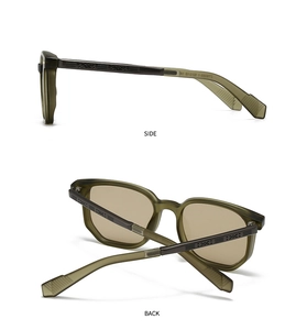 Detail view of military green aviator sunglasses frame with side and back perspectives