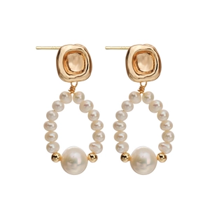 Elegant S925 silver needle drop earrings with natural pearls and golden geometric circles