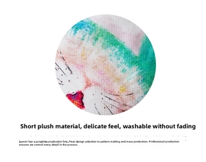 Close-up of soft short-velvet fabric with colorful cat illustration and fine texture