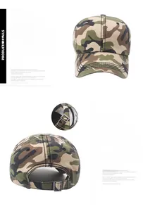 Detail of camouflage cotton baseball cap featuring adjustable metal buckle for men and women