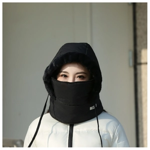 Close-up detail of the black winter windproof Balaclava hat with integrated mask and neck warmer