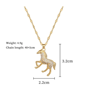 Detailed size chart of a gold-toned horse necklace with full crystal pavé pendant