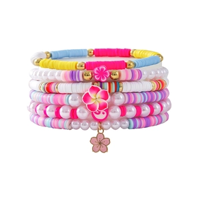 Colorful Heishi clay bead and pearl bracelet set with flower charms for women