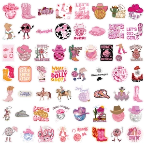 100pcs Pink Disco Cowgirl Waterproof Stickers with Cowboy Boots and Hats for Luggage