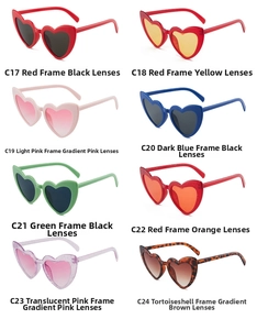 Detailed grid of oversized heart-shaped sunglasses in diverse frame colors and tinted lenses