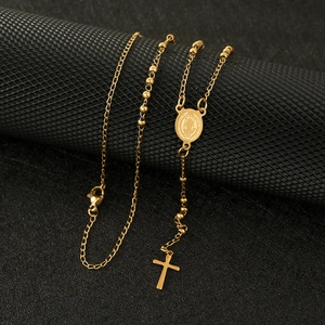 Golden stainless steel rosary necklace with cross pendant and virgin mary medal