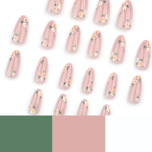 Mandelförmige Nude-Rosa Press-on-Nägel mit weißen und rosa Gänseblümchen-Mustern