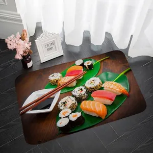 Tapis de sol absorbant imprimé sushi 3D rectangulaire avec envers antidérapant pour cuisine