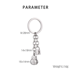Detailed specs of stainless steel keychain with lucky bag and lock pendants with dimensions