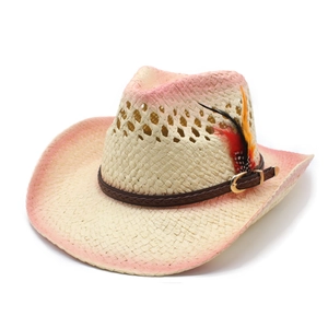 Western straw cowboy hat with pink gradient dye and decorative feathers for summer sun