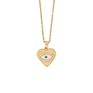 Golden heart necklace with blue evil eye pendant and sparkling rhinestones on white