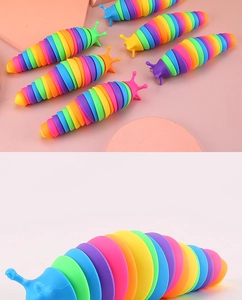 Detailed macro view showing multiple colorful multi-jointed sensory slug fidget toys