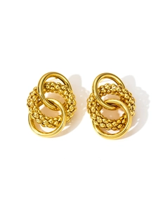 Close-up of gold titanium steel earrings showing layered polished and beaded circle rings