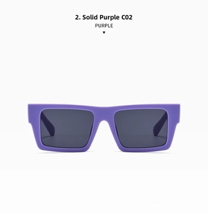 Detail view of purple rectangle sunglasses frames with dark gray lenses in C02 color
