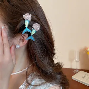 Elegant mermaid tail hair clips with pearls and blue-green gradient resin for women
