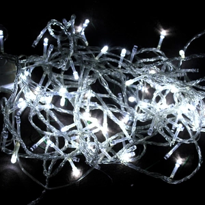 10M 100 LED string lights in cool white with transparent wire on black background