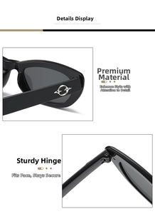 Details der quadratischen Cat-Eye-Sonnenbrille mit Metallscharnieren und Rahmenstruktur