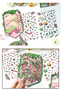 Detail view of 2.5D miniature house stickers featuring delicate furniture and room decor