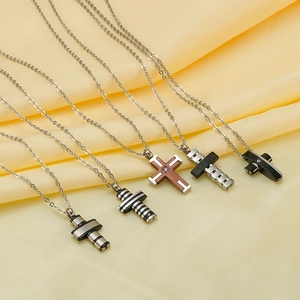 Stainless Steel Cross Necklace Rhinestone Pendant Wood Pattern Stitching Design Jewelry For Women Men