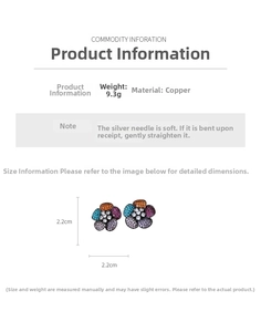 Detailed specs of floral stud earrings featuring multi-color cubic zirconia and silver needles