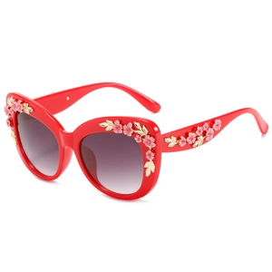 Baroque red cat eye sunglasses with 3D pink floral and gold leaf details