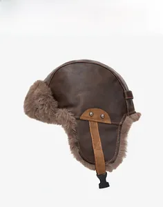 Side view of a brown PU leather aviator hat with warm grey faux fur lining and buckle