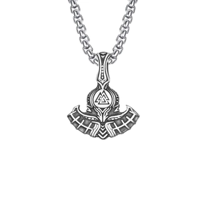 Nordic Viking Odin axe necklace in stainless steel with Mjölnir and Valknut symbol